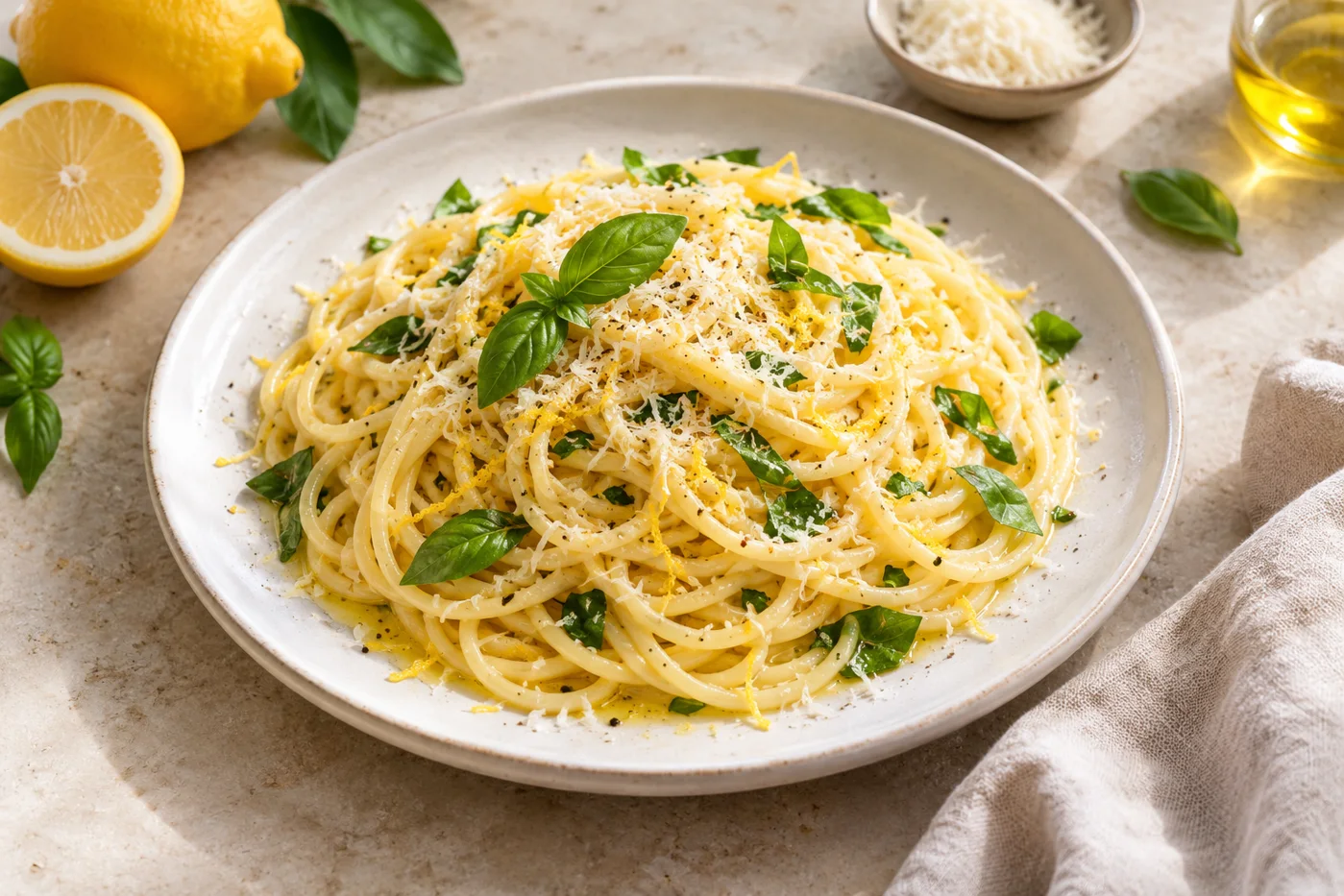 Zitronenspaghetti mit Basilikum und geriebenem Hartkäse