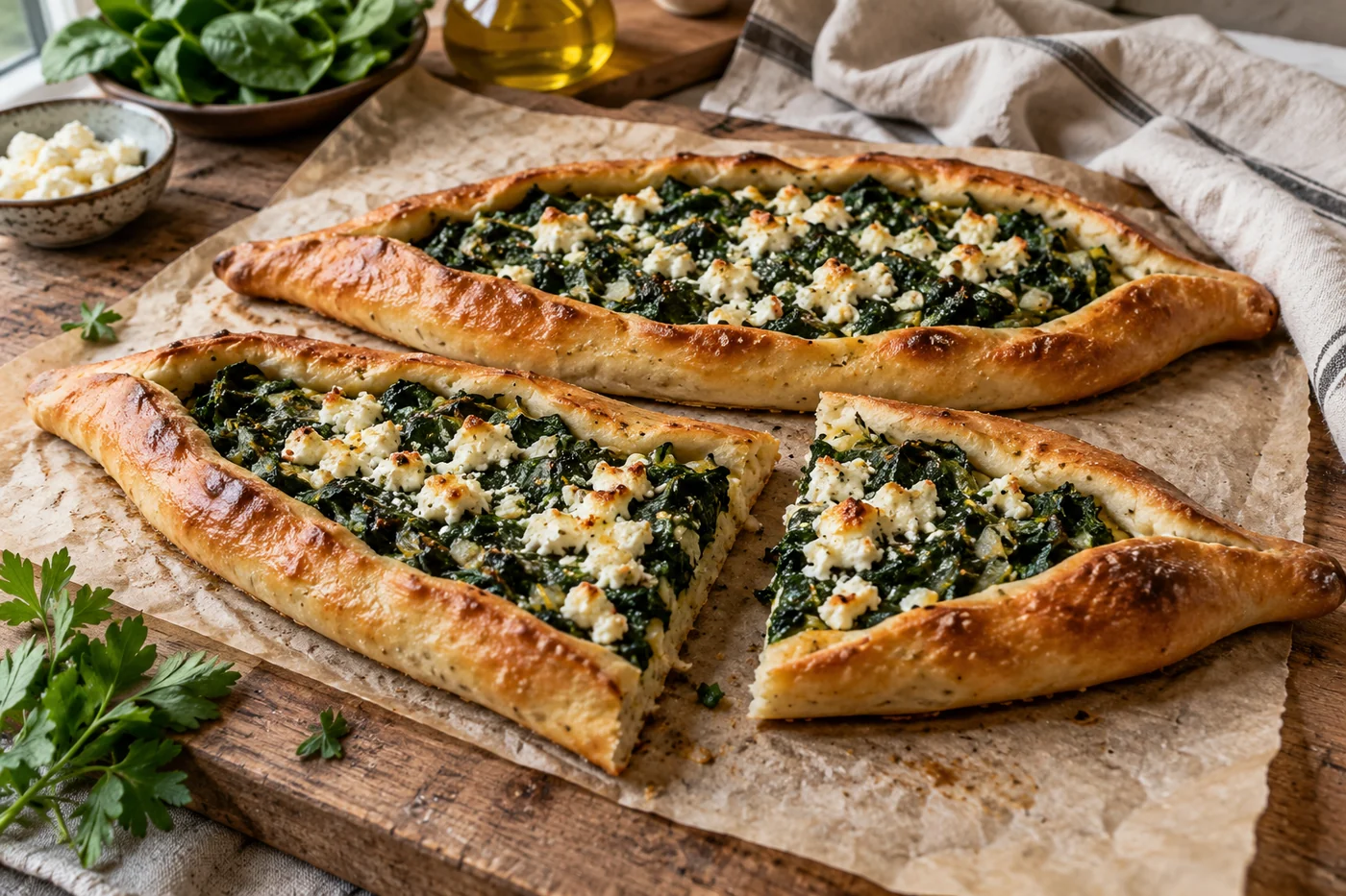 Pide mit Spinat und Käse auf einem gedeckten Tisch