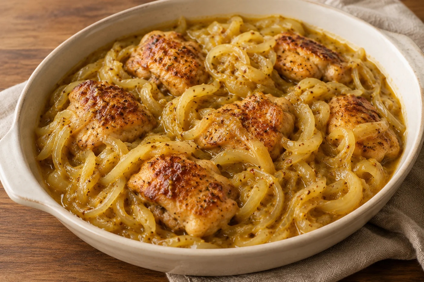 Poulet Yassa mit Zwiebeln und Zitrone auf hellem Geschirr