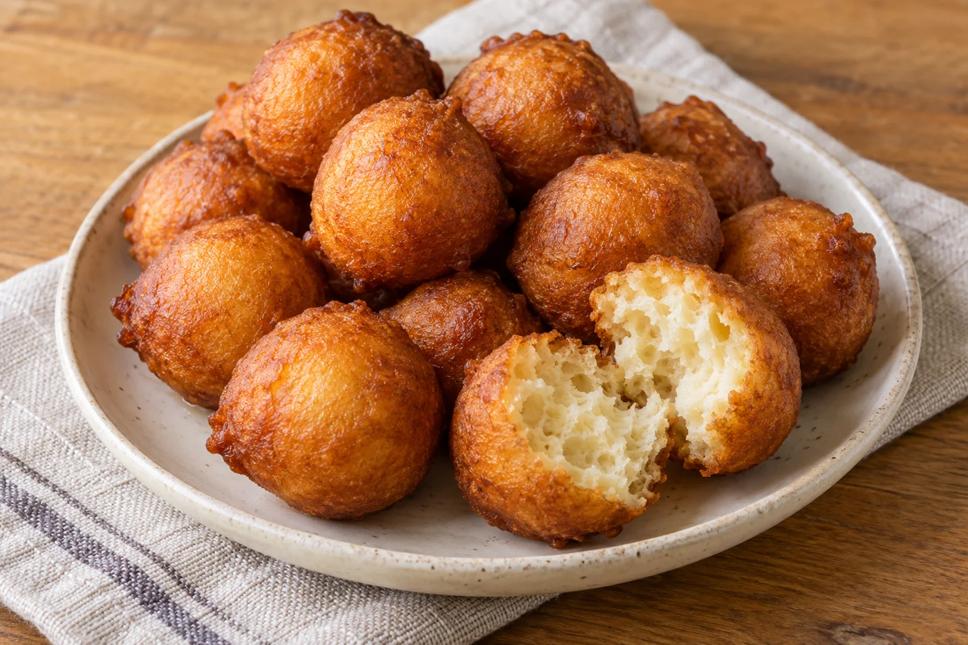Puff-Puff – goldene Hefeteigbällchen auf hellem Geschirr