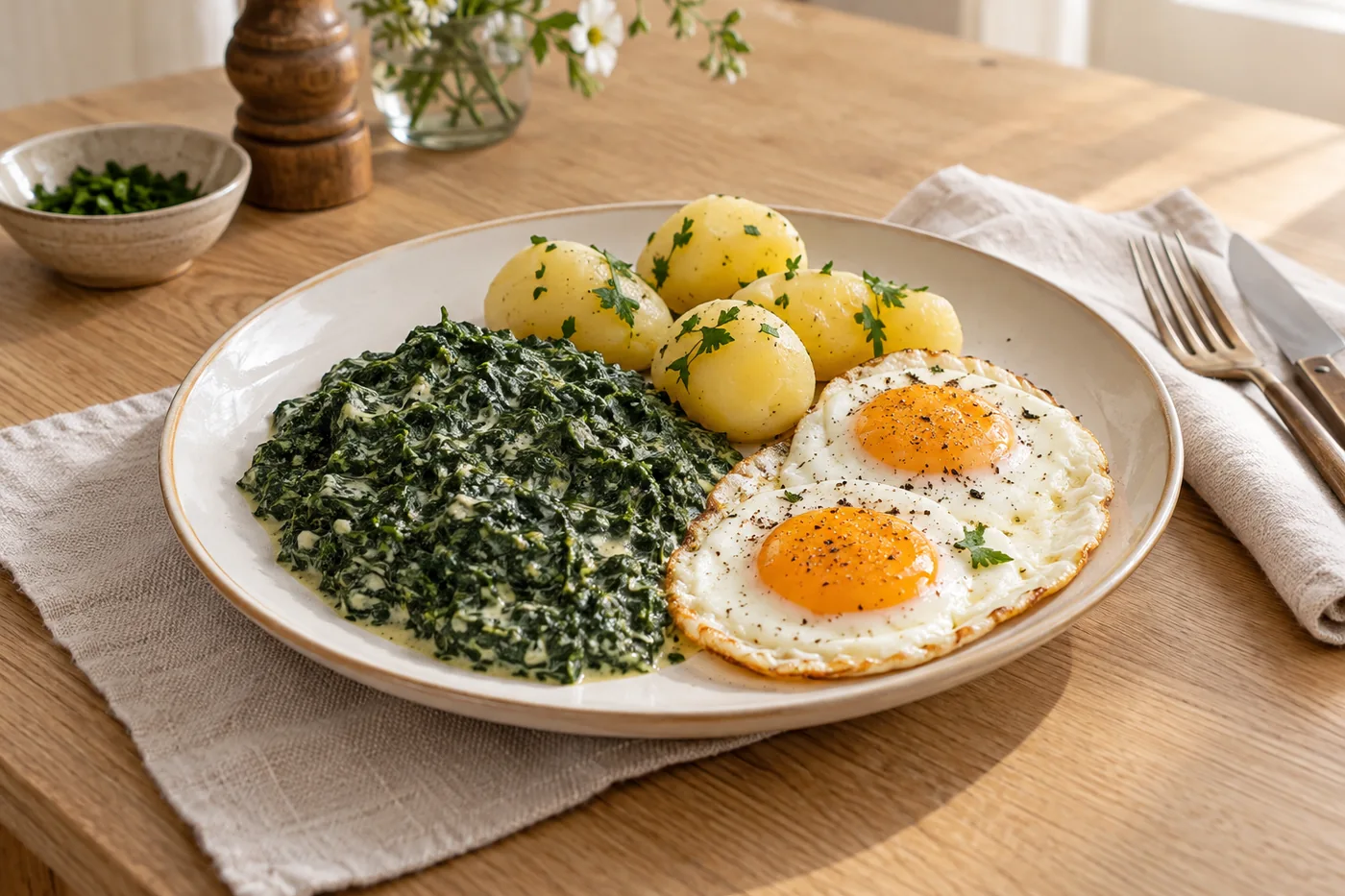 Rahmspinat mit Kartoffeln und Spiegelei