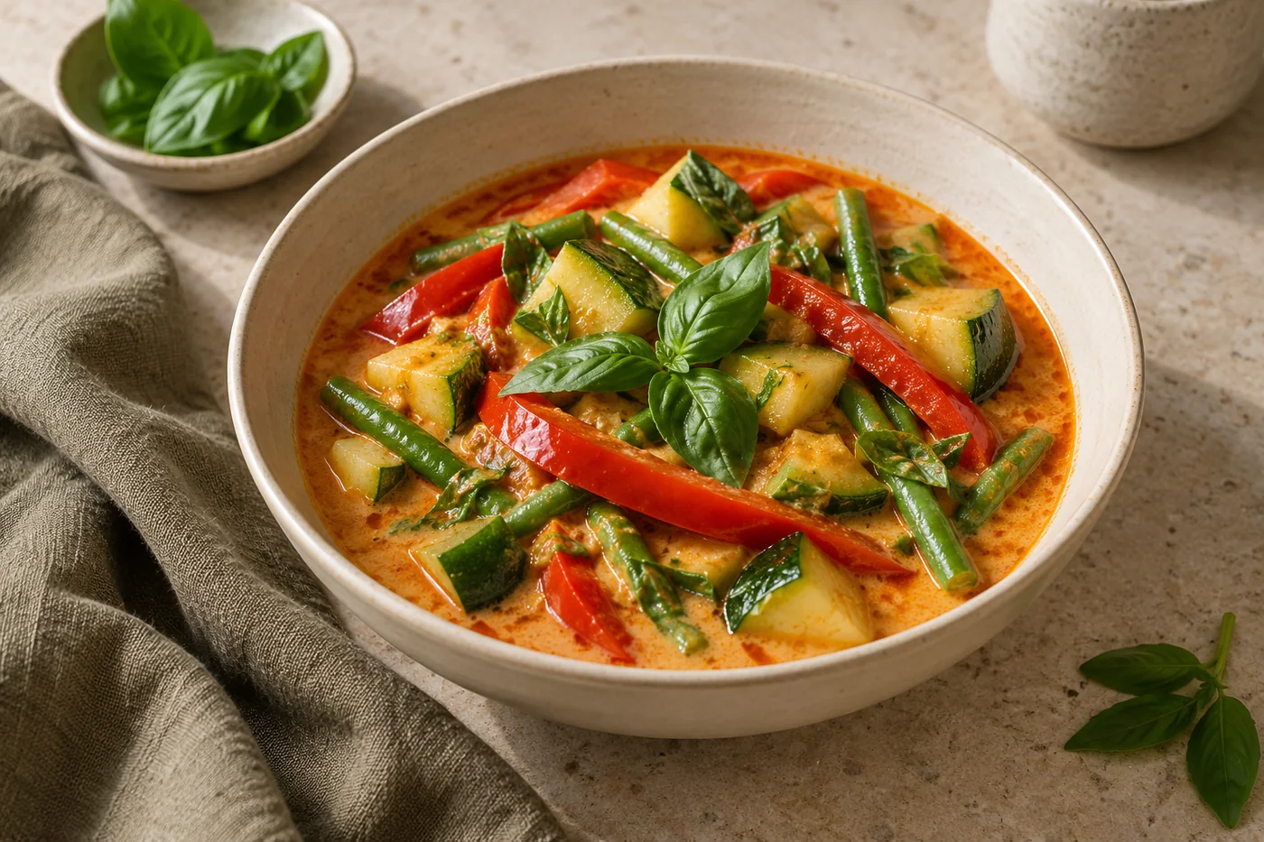 Rotes Gemüse-Curry mit Kokosmilch auf hellem Keramikgeschirr