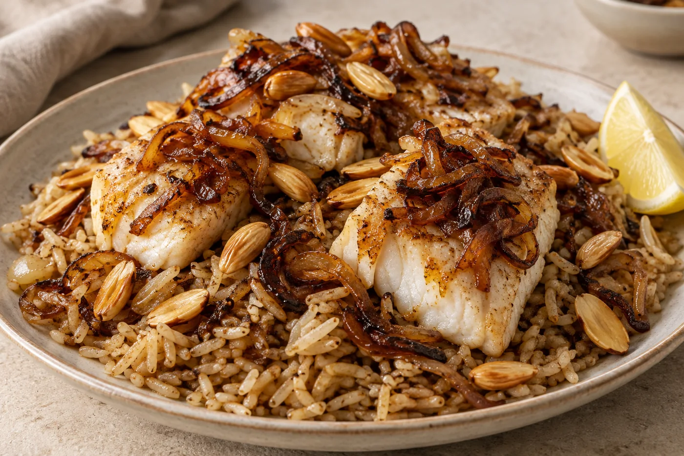 Sayadieh – Gewürzreis mit Fisch und goldenen Zwiebeln