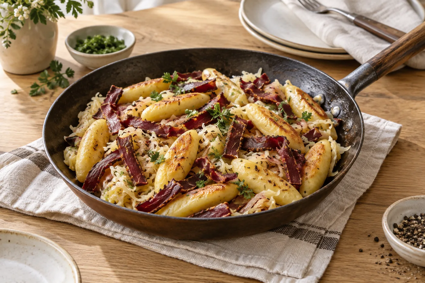 Schupfnudeln mit Sauerkraut und Pastırma