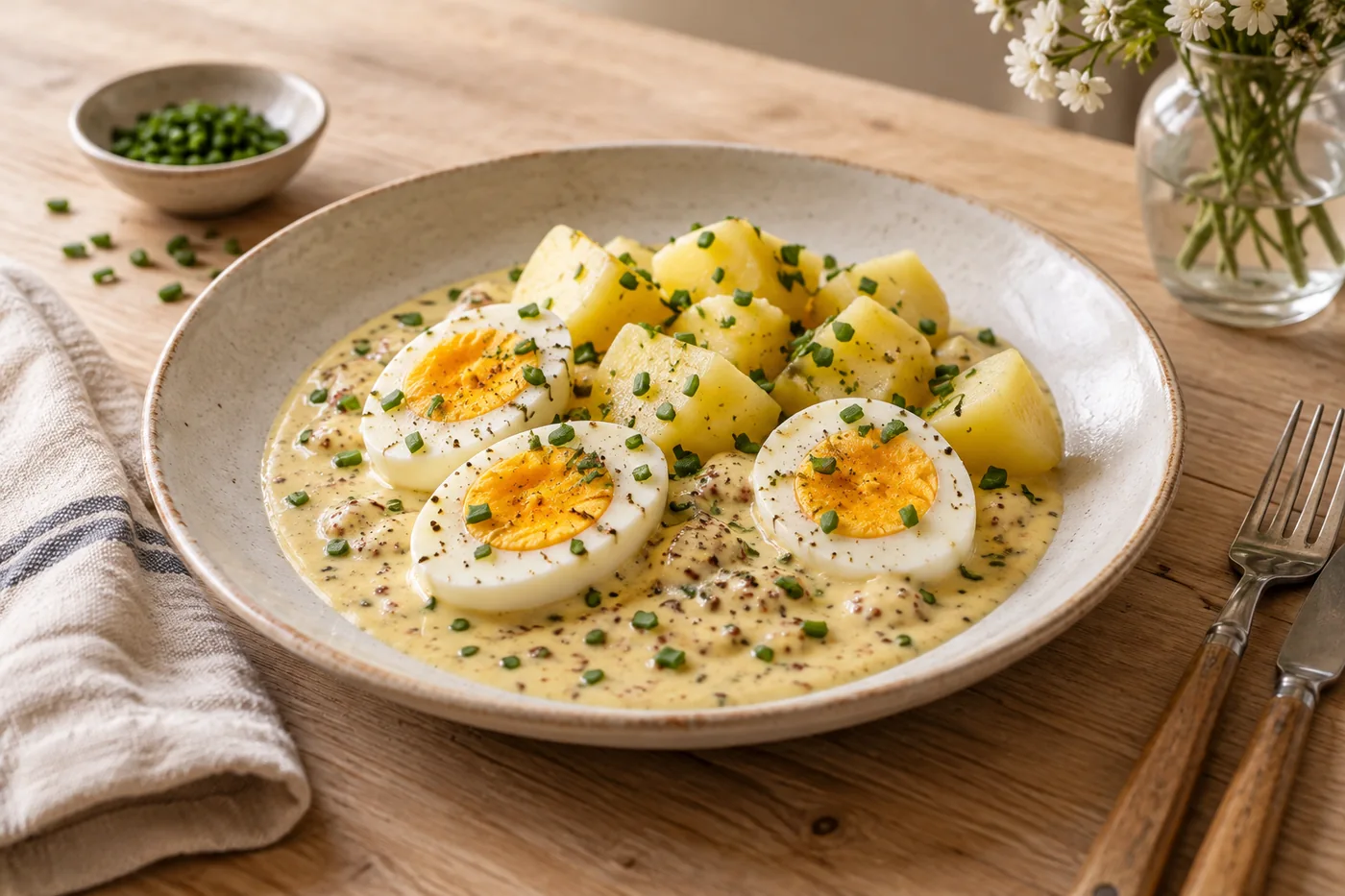 Senfeier mit Salzkartoffeln
