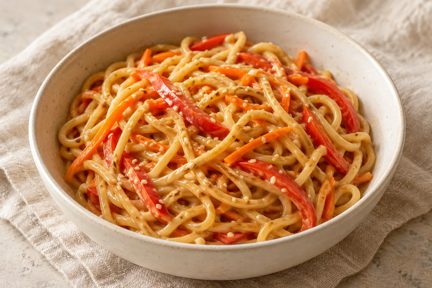 Nudeln in cremiger Sesamsauce mit Möhren, Paprika und Sesam