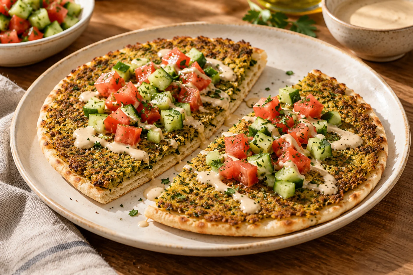 Smash Falafel Pita mit Tahinisauce auf hellem Geschirr
