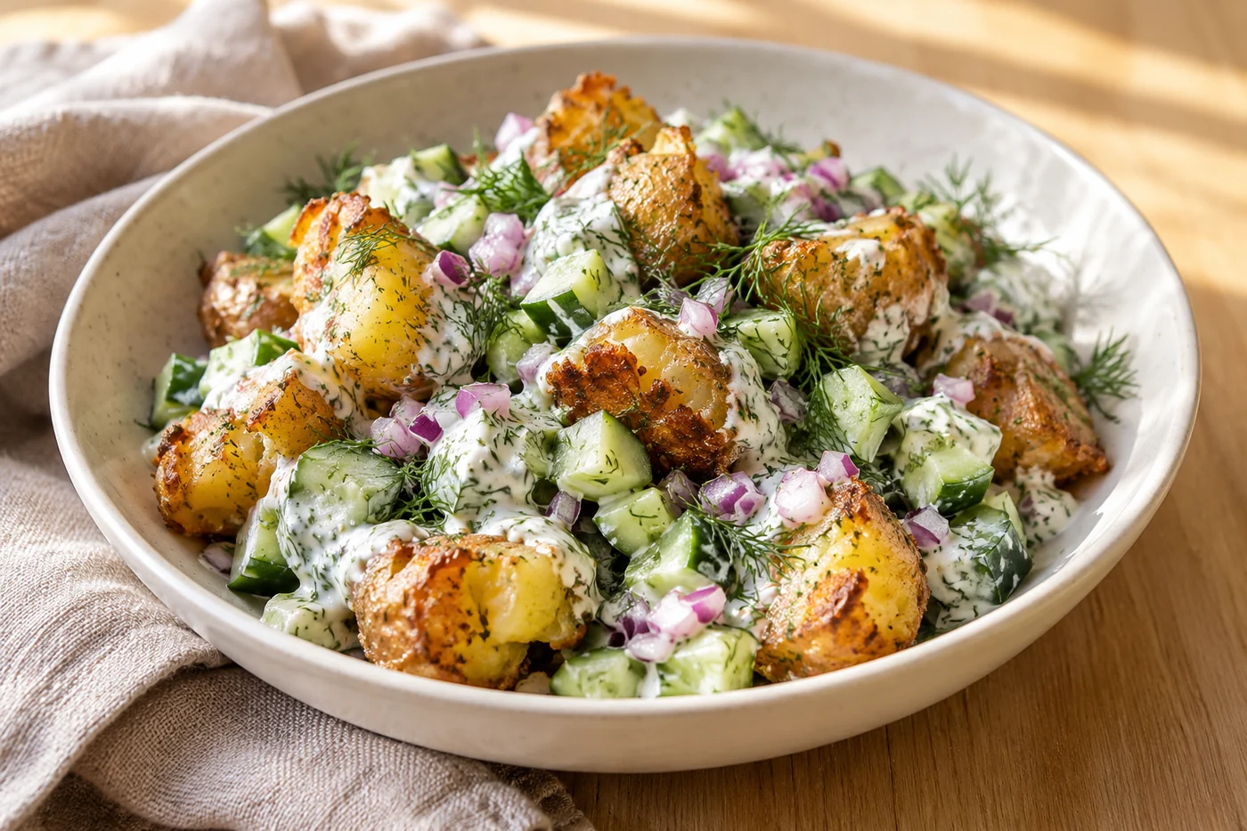 Knuspriger Kartoffelsalat – Crispy Smashed Potato Salad – das fertig zubereitete Gericht