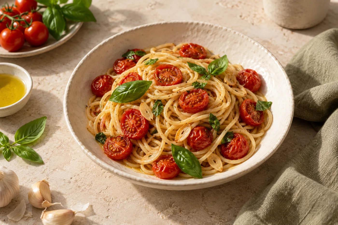 Spaghetti mit Ofentomaten und Basilikum auf hellem Keramikgeschirr