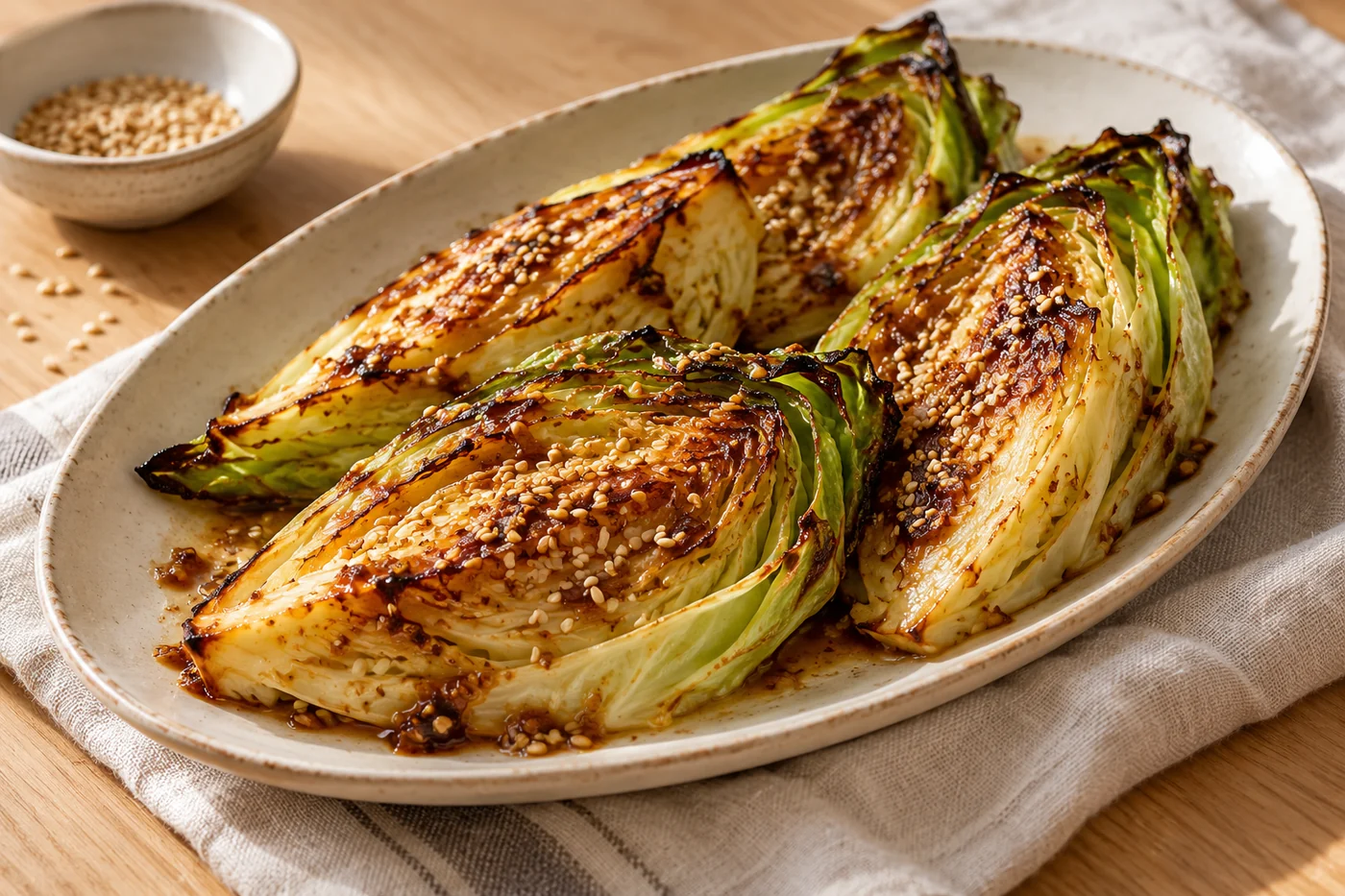Gerösteter Spitzkohl mit Miso-Butter auf hellem Keramikgeschirr