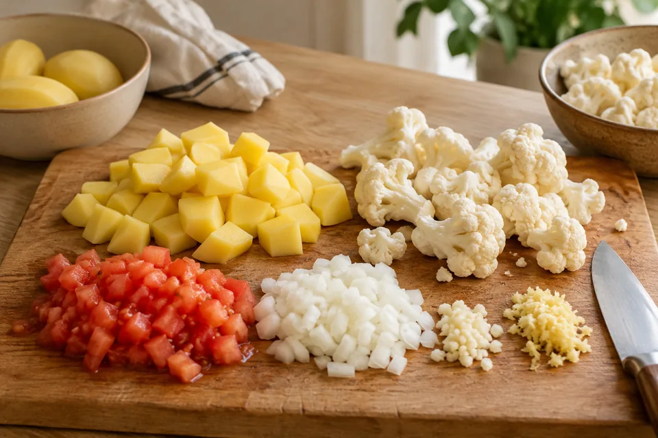 Aloo Gobi mit Kartoffeln und Blumenkohl – Einblick in Zubereitungsschritt 1