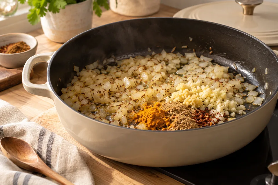 Aloo Gobi mit Kartoffeln und Blumenkohl – Einblick in Zubereitungsschritt 2