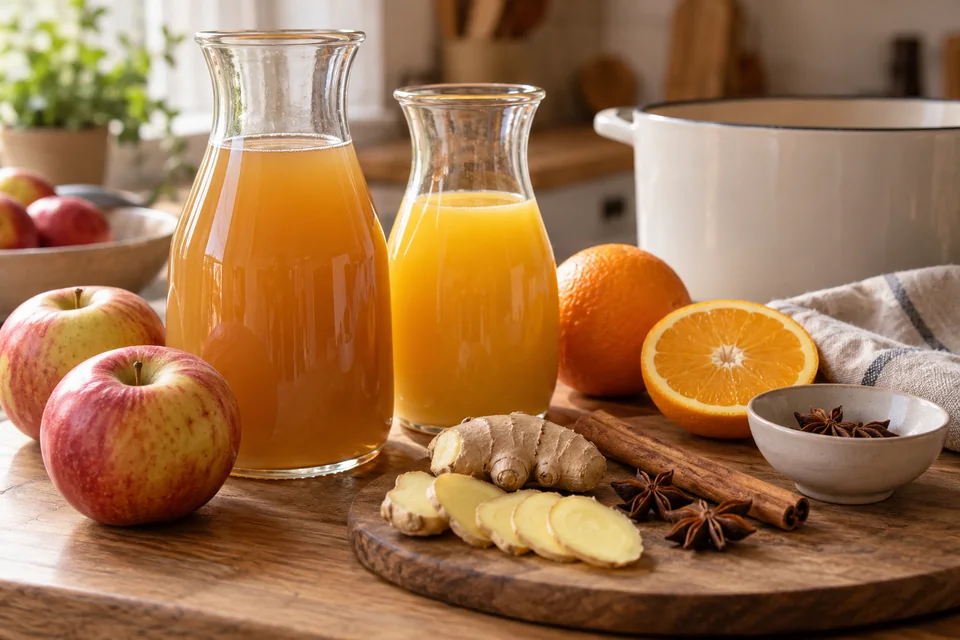 Apfel- und Orangensaft werden neben Zimt, Sternanis und Ingwerscheiben bereitgestellt