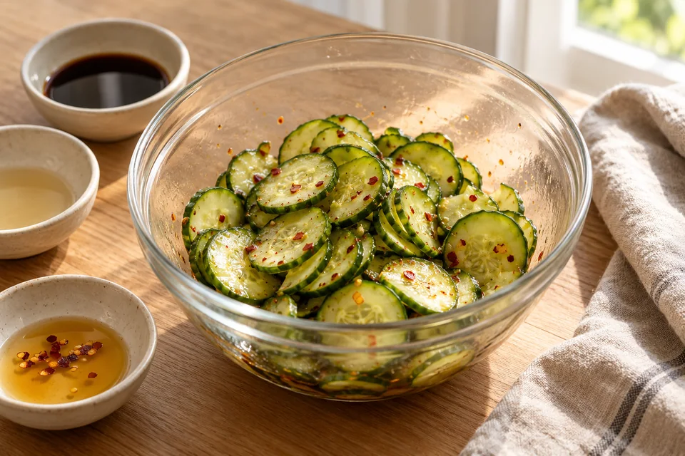 Asiatischer Gurkensalat – Viral Cucumber Salad: Gurkenscheiben vorsichtig ausdrücken und mit dem Dressing mischen