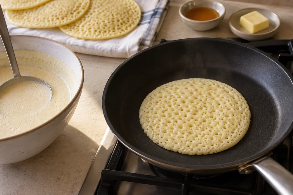 Baghrir – Grießpfannkuchen mit Honigbutter: Nur auf einer Seite backen.