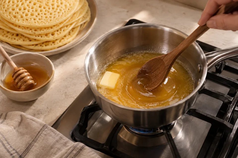 Baghrir – Grießpfannkuchen mit Honigbutter: Honigbutter erwärmen.