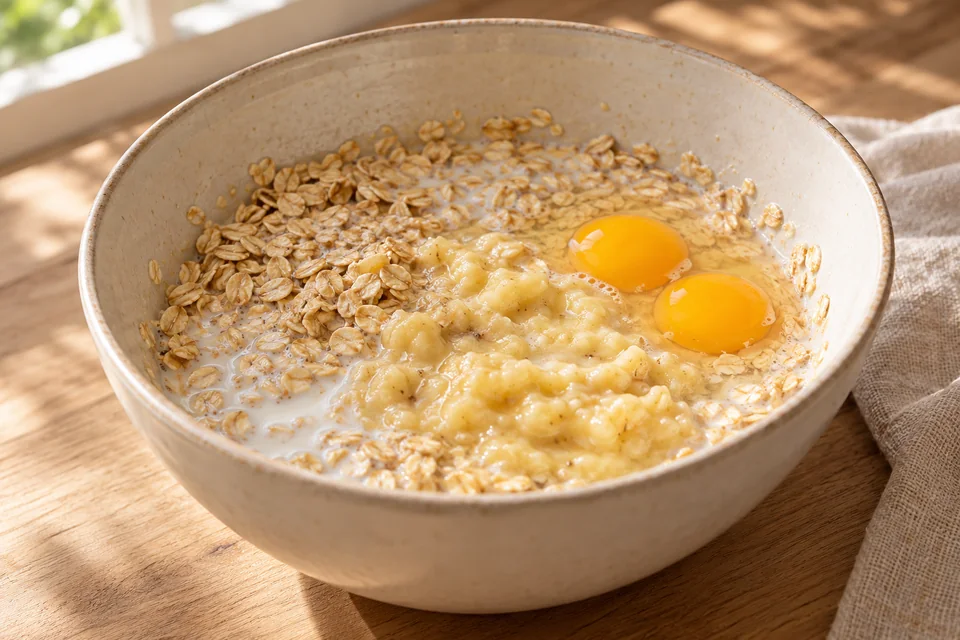Baked Oats mit Beeren und Joghurt: Banane mit Milch, Eiern und Ahornsirup verrühren