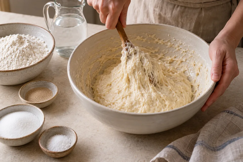 Bambalouni – goldene Teigringe mit Zucker: Weichen Hefeteig rühren.