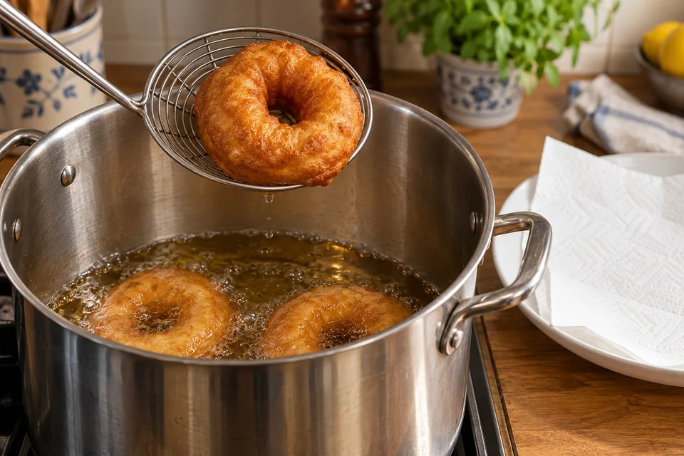 Bambalouni – goldene Teigringe mit Zucker: Goldbraun frittieren.