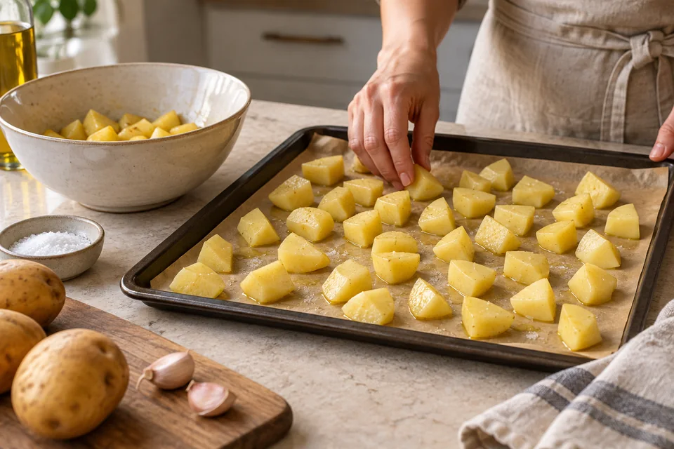 Batata Harra – knusprige Kartoffeln mit Knoblauch und Koriander: Kartoffeln vorbereiten.