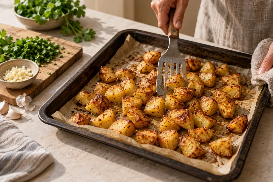 Batata Harra – knusprige Kartoffeln mit Knoblauch und Koriander: Goldbraun rösten.