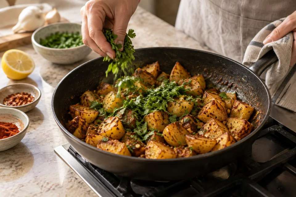 Batata Harra – knusprige Kartoffeln mit Knoblauch und Koriander: Würzig schwenken.
