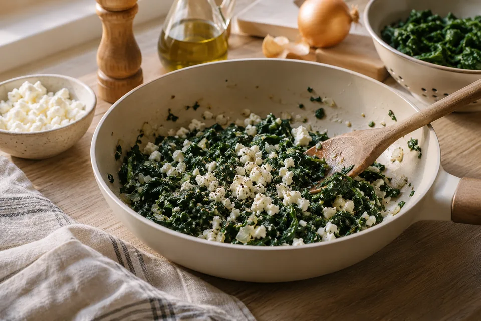 Börek-Schnecke mit Spinat und Feta – Einblick in Zubereitungsschritt 1