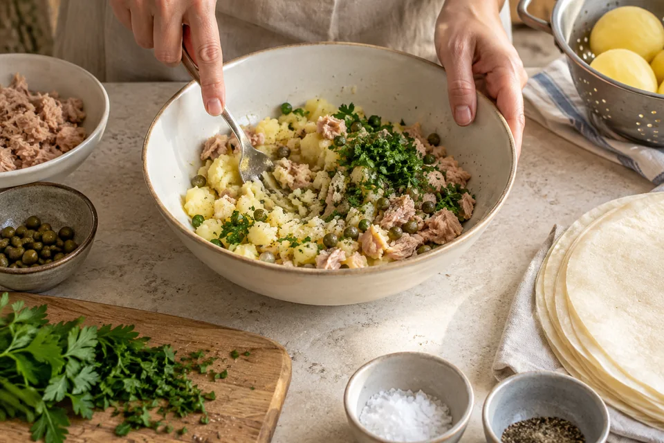 Brik mit Thunfisch und Ei: Füllung vorbereiten.