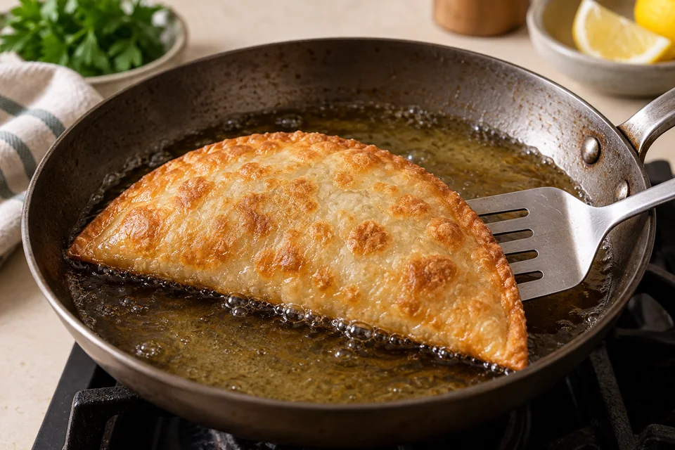 Brik mit Thunfisch und Ei: Knusprig ausbacken.