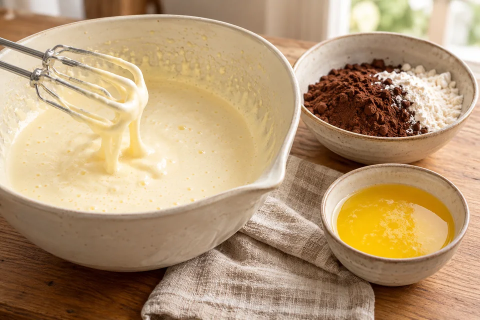 Schokoladen-Brownie-Pudding – Brownie Pudding: Eier und Zucker 5 Minuten hell und dickcremig aufschlagen