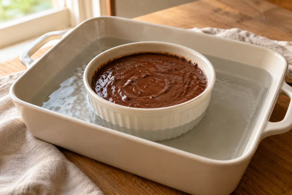 Schokoladen-Brownie-Pudding – Brownie Pudding: Teig in die kleine Form geben und diese in eine größere Bratform setzen