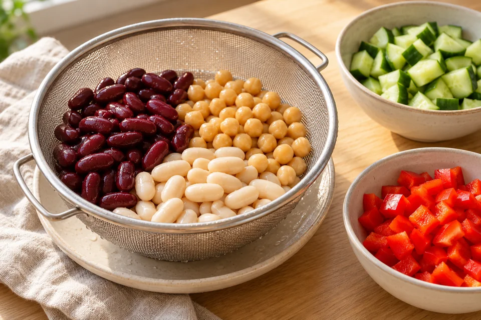 Bunter Bohnensalat – Dense Bean Salad mit Tahini: Bohnen und Kichererbsen abspülen und gut abtropfen lassen