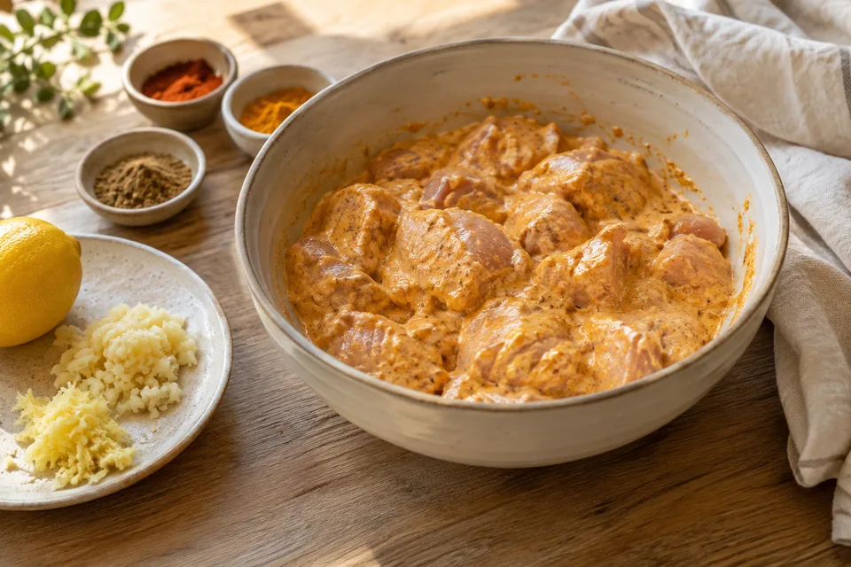 Butter Chicken mit cremiger Tomatensauce – Einblick in Zubereitungsschritt 1