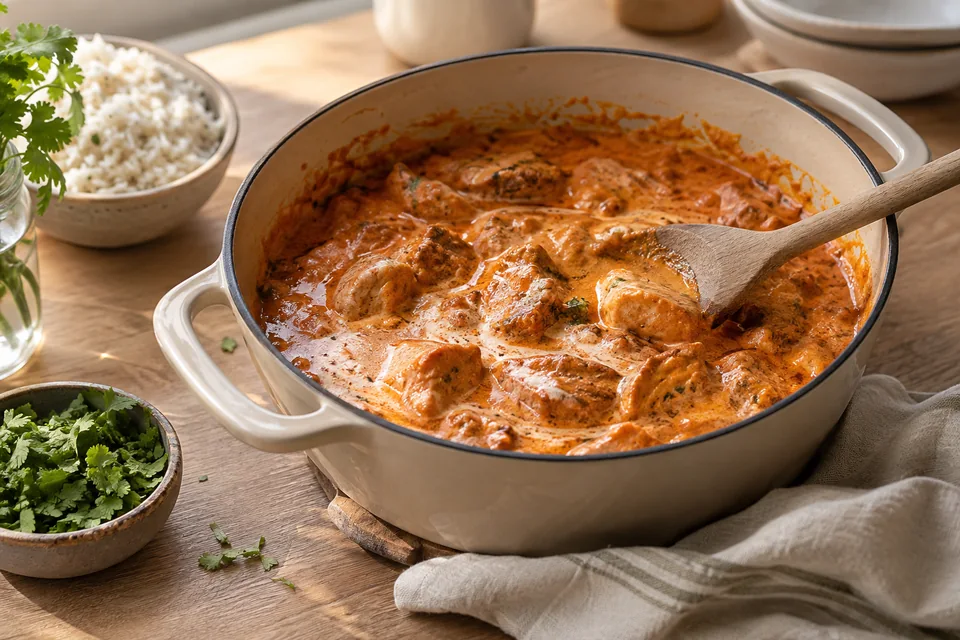 Butter Chicken mit cremiger Tomatensauce – Einblick in Zubereitungsschritt 4