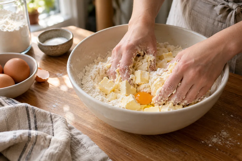 Kalte Butter, Mehl und Ei werden zu Mürbeteig zusammengefügt