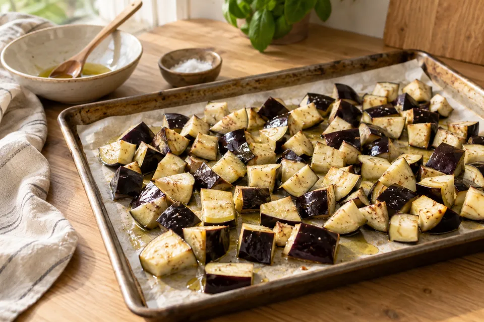 Caponata mit Aubergine, Oliven und Kapern – Einblick in Zubereitungsschritt 1