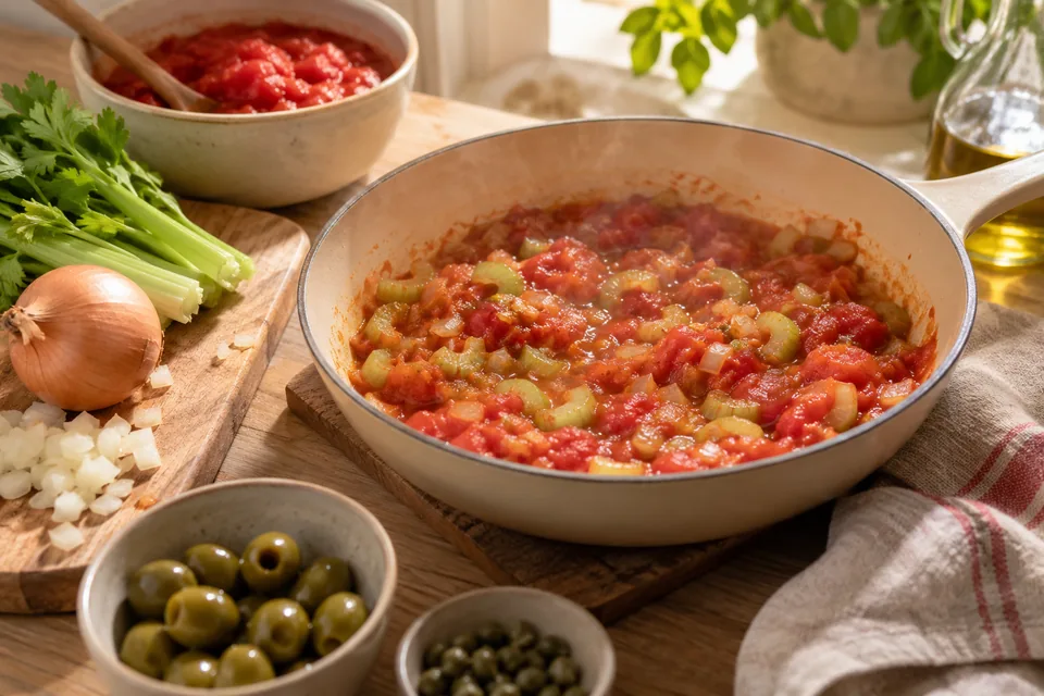 Caponata mit Aubergine, Oliven und Kapern – Einblick in Zubereitungsschritt 2
