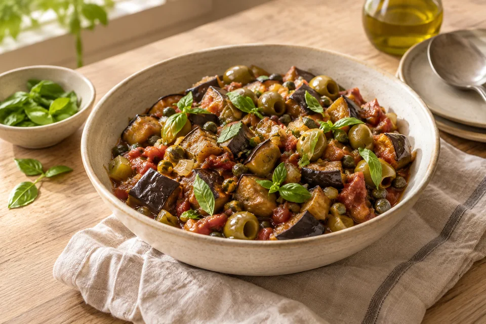 Caponata mit Aubergine, Oliven und Kapern – Einblick in Zubereitungsschritt 4