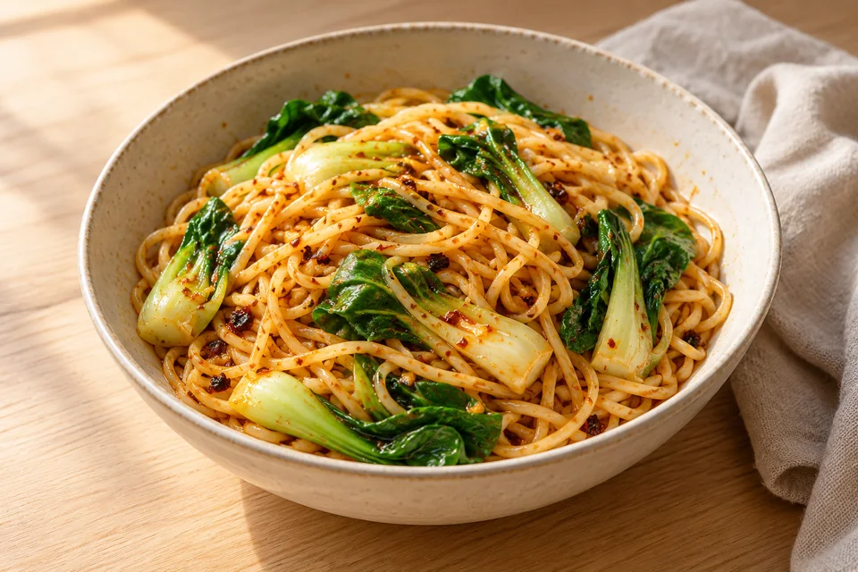 Chiliöl-Nudeln mit Pak Choi – Chili Oil Noodles: Nach kurzem Abkühlen Sojasauce, Essig und Ahornsirup einrühren