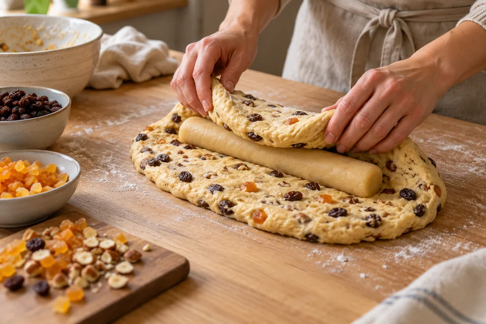 Eine Marzipanrolle wird in einen ovalen Stollenteig eingeschlagen