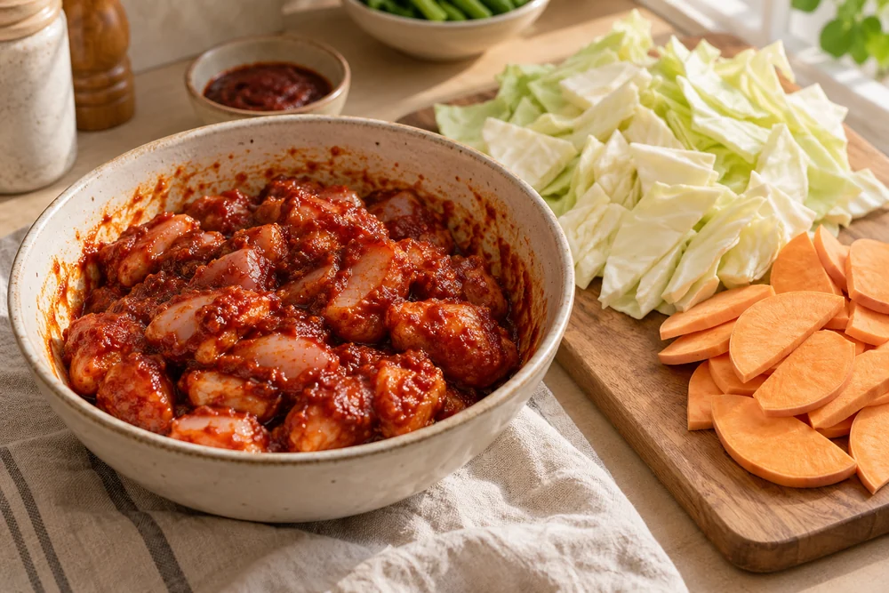 Dakgalbi – würziges Hähnchen mit Gemüse: Vorbereitung der Zutaten