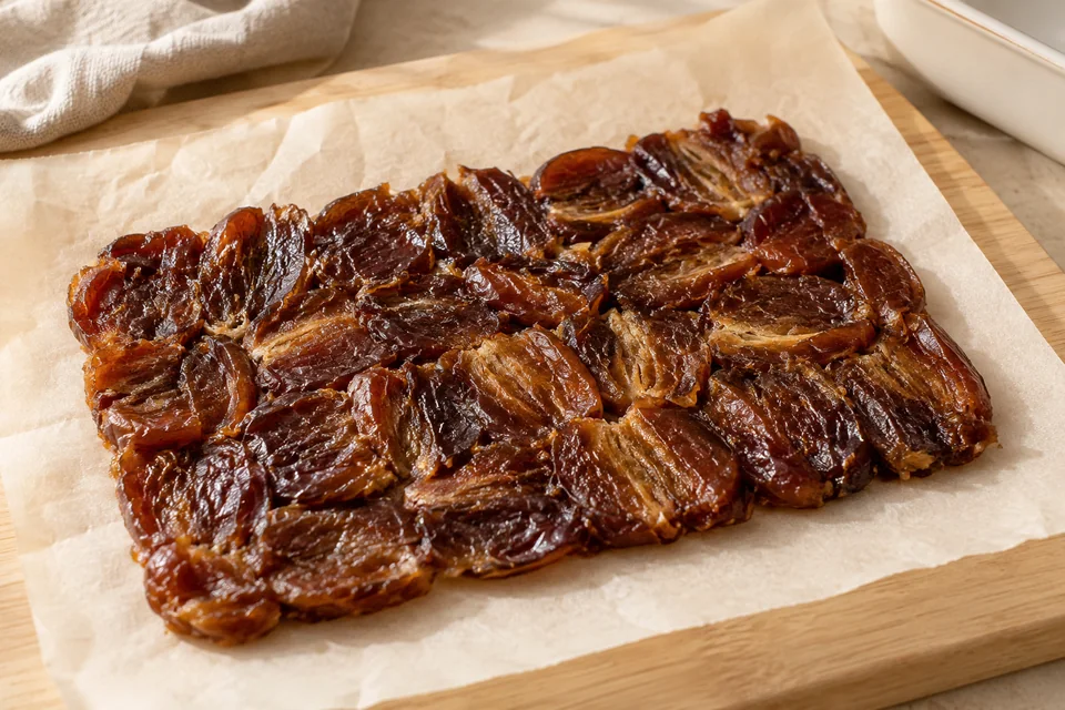 Dattel-Schoko-Bruch – Date Bark mit Erdnussmus: Datteln längs aufklappen und auf Backpapier leicht überlappend zu einem Rechteck von etwa 20 × 25 cm auslegen