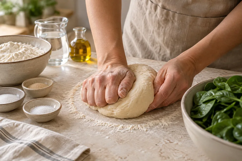 Fatayer – kleine Spinat-Teigtaschen: Teig kneten und gehen lassen.
