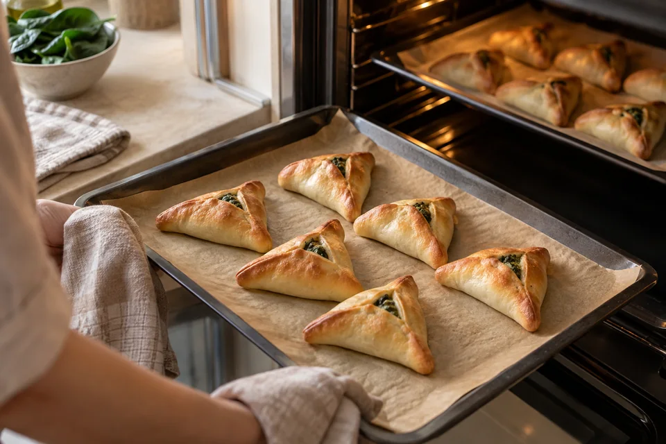 Fatayer – kleine Spinat-Teigtaschen: Goldbraun backen.