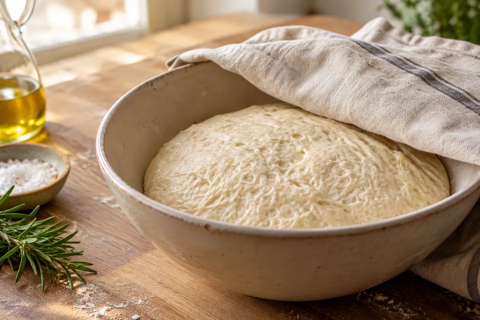 Focaccia mit Rosmarin und Olivenöl – Einblick in Zubereitungsschritt 1