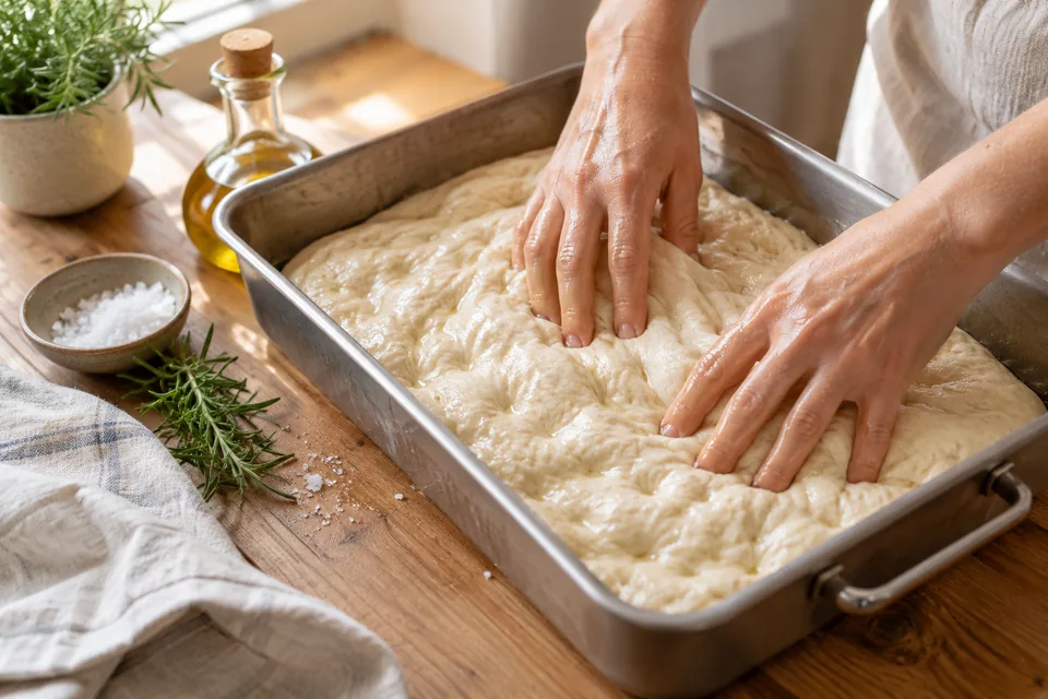 Focaccia mit Rosmarin und Olivenöl – Einblick in Zubereitungsschritt 2