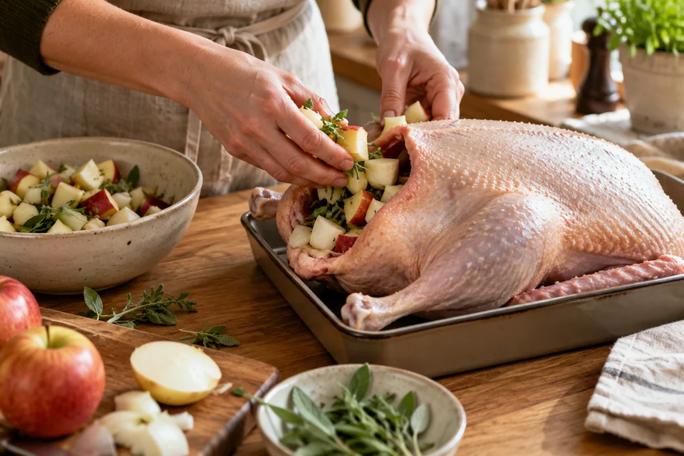 Eine trockene rohe Gans wird locker mit Apfel-Zwiebel-Stücken gefüllt