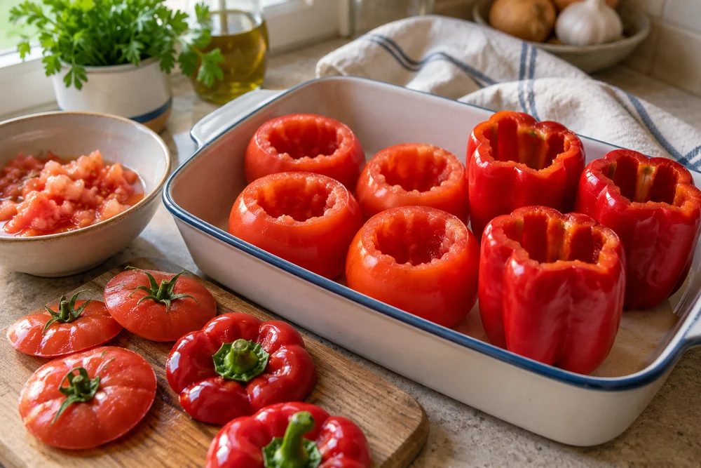 Gemista – gefüllte Tomaten und Paprika: Vorbereitung der Zutaten