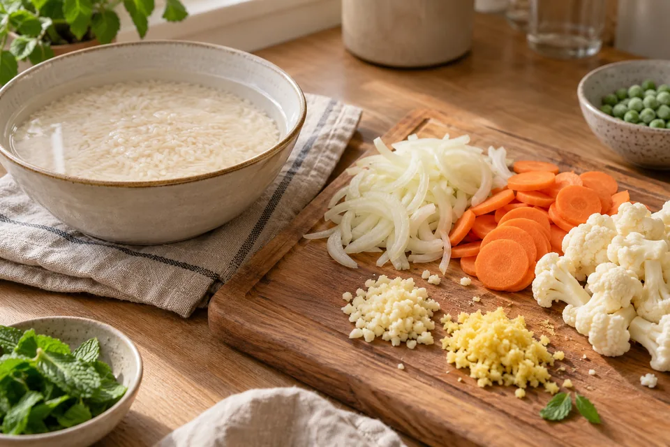 Gemüse-Biryani mit duftendem Basmatireis – Einblick in Zubereitungsschritt 1