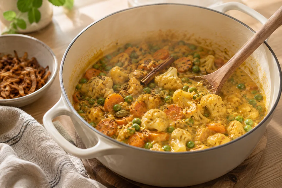 Gemüse-Biryani mit duftendem Basmatireis – Einblick in Zubereitungsschritt 2